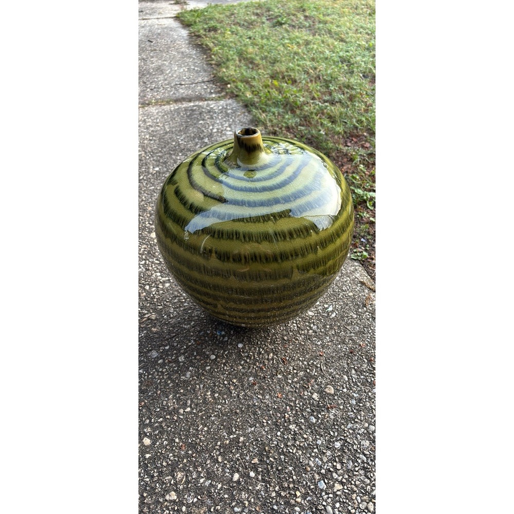 Mid Century Modern Studio Pottery Vase Green Brown Swirl Glaze Onion Bud Vase